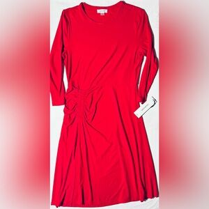 Calvin Klein Long Sleeve Knee Length Ruched Side Dress Women's Size 6 Vivid Red